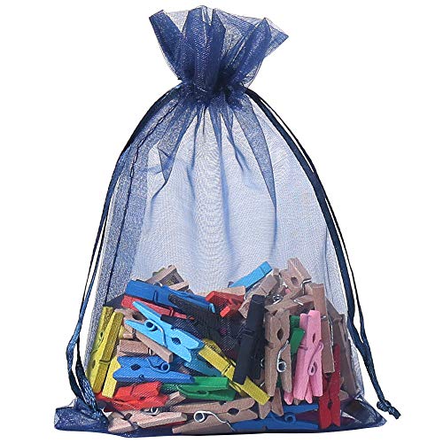 HRX Package 100pcs Organza Gift Bags Navy Blue, 4 x 6 inch Mesh Jewelry Pouches Drawstring Party Favor Bags for Small Sample Christmas Candy