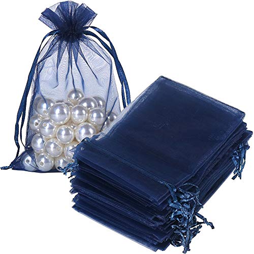 HRX Package 100pcs Organza Gift Bags Navy Blue, 4 x 6 inch Mesh Jewelry Pouches Drawstring Party Favor Bags for Small Sample Christmas Candy