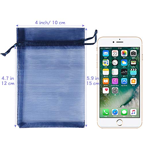 HRX Package 100pcs Organza Gift Bags Navy Blue, 4 x 6 inch Mesh Jewelry Pouches Drawstring Party Favor Bags for Small Sample Christmas Candy