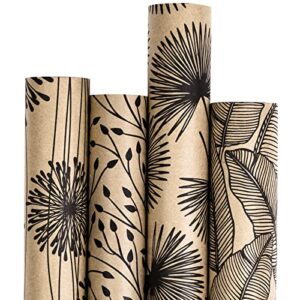 ruspepa wrapping paper kraft paper – plants all-black paint design – 4 rolls – 30 inches x 10 feet per roll
