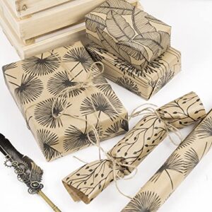 RUSPEPA Wrapping Paper Kraft Paper - Plants All-Black Paint Design - 4 Rolls - 30 inches x 10 feet per Roll