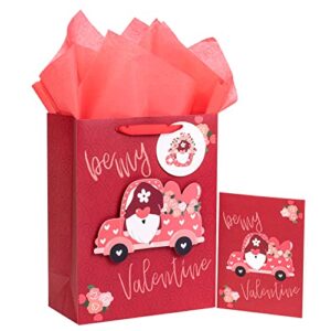 MAYPLUSS 13" Large Valentine's Day Gift Bag with Greeting Card and Tissue Paper - Red Gnome