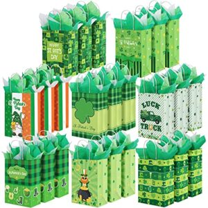 mimind 24 pack st. patrick’s day gift bags with 24 sheets tissue paper irish green clover goodie treat bags with handle shamrock theme party favor bags for st. patrick’s day party supplies, 8 designs