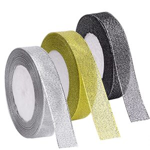 livder 3 rolls 75 yards in total metallic glitter ribbon for gift wrapping birthday holiday graduation party decoration (golden, silvery, silver-black)