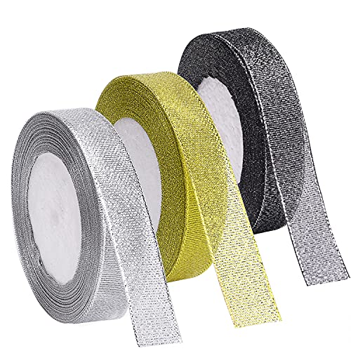 Livder 3 Rolls 75 Yards in Total Metallic Glitter Ribbon for Gift Wrapping Birthday Holiday Graduation Party Decoration (Golden, Silvery, Silver-Black)