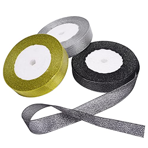 Livder 3 Rolls 75 Yards in Total Metallic Glitter Ribbon for Gift Wrapping Birthday Holiday Graduation Party Decoration (Golden, Silvery, Silver-Black)