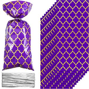 100 Pieces Arabian Nights Cellophane Treat Bags,Eid Mubarak Party Treat Bags,Purple and Gold Goodie Bags with Twist Ties for Arabian Nights Indian Diwali Party Favors