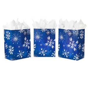 hallmark 17″ extra large holiday gift bags with tissue paper (3 gift bags: starry snowflakes on navy blue) for christmas, hanukkah, weddings, birthdays
