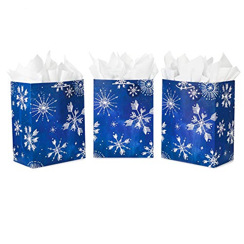 Hallmark 17" Extra Large Holiday Gift Bags with Tissue Paper (3 Gift Bags: Starry Snowflakes on Navy Blue) for Christmas, Hanukkah, Weddings, Birthdays