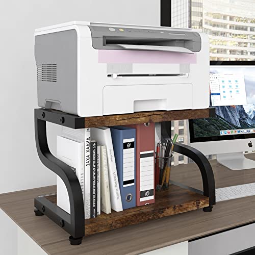 PUNCIA 2 Tiers Small Retro Wood Home Office Desktop Printer Stand Laser Printer Copier Stand with Storage Rustic Tabletop Heavy Duty Organizer Rack Shelf Desk Dual for Small Space Double Tiers Tray