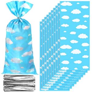 outus 100 pieces blue sky white clouds birthday party supplies blue sky white clouds cellophane bags cartoon story gift bags with 200 silver twist ties for baby kids shower birthday party decorations