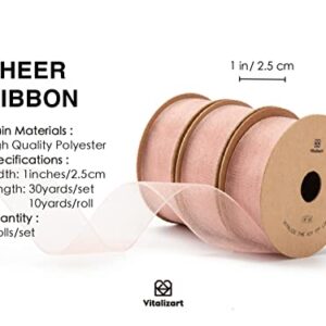 Vitalizart Rose Gold Ribbon Organza Sheer Ribbon 1 inch x 30Yd in Total Handmade Eco-Friendly Fabric Ribbons for Gift Wrapping Christmas Tree Crafts Bows Wedding Invitations Wreaths Wrap