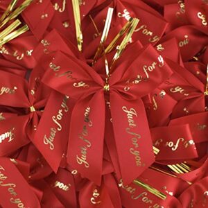 AIMUDI Red Satin Ribbon Twist Tie Bows for Valentine's Day 3.5" Premade Just for You Bows Red and Gold Bows for Treat Bags Gift Wrapping Crafts Party Favors Cake Pop Candy Apple Baby Shower-50 Counts