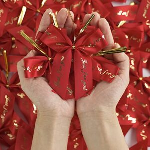 AIMUDI Red Satin Ribbon Twist Tie Bows for Valentine's Day 3.5" Premade Just for You Bows Red and Gold Bows for Treat Bags Gift Wrapping Crafts Party Favors Cake Pop Candy Apple Baby Shower-50 Counts