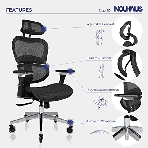 Nouhaus Ergo3D Ergonomic Office Chair - Rolling Desk Chair with 4D Adjustable Armrest, 3D Lumbar Support and Blade Wheels - Mesh Computer Chair, Office Chairs, Executive Swivel Chair (Black)