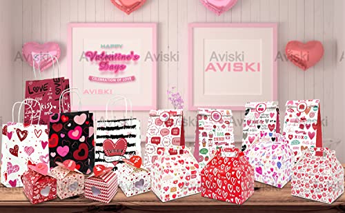 17pcs Valentines Day Gift Bags, Gift Box Set, Candy Bag, Gift Boxes, Small Present Boxes, Gift Bags with Handles, Recycled Party Boxes and Bags, Heart Printed Cardboard Box for Candy, Cookies and Party Favors