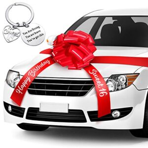 20 inches car bow sweet for happy birthday 16 car red pull bow car large wrapping bow decoration with 20 feet car ribbon and sweet keychain for 16th birthday