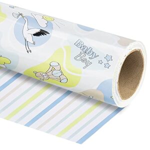 wrapaholic reversible wrapping paper – 24 inch x 65.6 feet jumbo roll baby boy design, perfect for kids birthday, party, holiday, baby shower packing