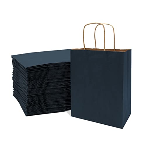 Blue Gift Bags - 8x4x10 Inch 50 Pack Navy Kraft Paper Shopping Bags with Handles, Craft Totes in Bulk for Boutiques, Small Business, Retail Stores, Birthday Parties, Restaurants, Take-Out, Merchandise