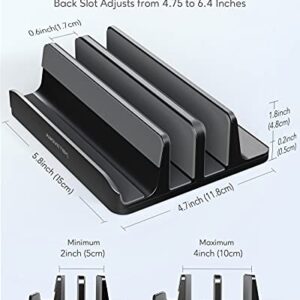 AboveTEK Vertical Laptop Stand 3 Slots for Computer, Tablet, Phone - Fits All Laptop Models (up to 17.3") - Heavy Duty Polished Aluminum Desktop Holder - Anti Slide Silicone Grips - Black