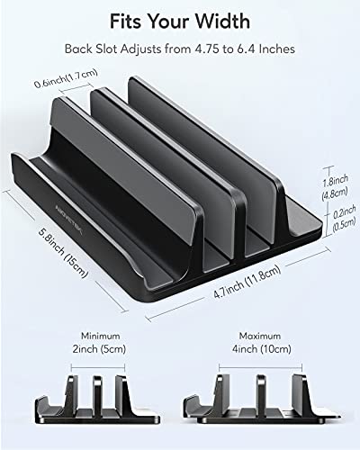 AboveTEK Vertical Laptop Stand 3 Slots for Computer, Tablet, Phone - Fits All Laptop Models (up to 17.3") - Heavy Duty Polished Aluminum Desktop Holder - Anti Slide Silicone Grips - Black