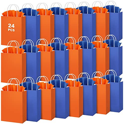 24 Pack Blue Orange Kraft Paper Gift Bags with Tissues Papers Colorful Party Favor Bags with Handles for War Party Target Sign Birthday Party Wedding Baby Shower Supplies