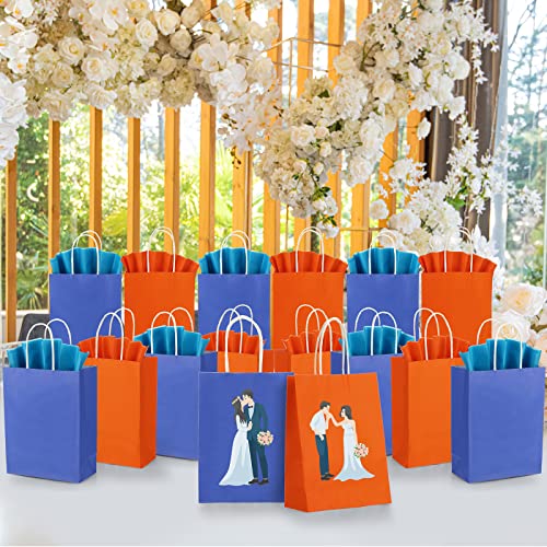 24 Pack Blue Orange Kraft Paper Gift Bags with Tissues Papers Colorful Party Favor Bags with Handles for War Party Target Sign Birthday Party Wedding Baby Shower Supplies