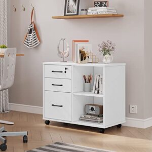3 Drawer Office File Cabinets, Mobile Lateral Printer Stand with Open Storage Shelf, Rolling Filing Cabinet with Wheels Home Office Organization and Storage (White)