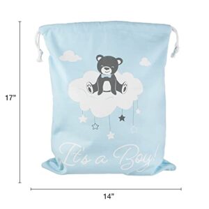 Baby Shower Canvas Gift Bag - Cute Reusable Gift Wrapping Alternative - Pink Blue Drawstring Cloth It's a Boy It's a Girl Gender Reveal Party for New Mom, Parents, Newborn Babies (Single, It's a Boy)