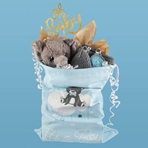 Baby Shower Canvas Gift Bag - Cute Reusable Gift Wrapping Alternative - Pink Blue Drawstring Cloth It's a Boy It's a Girl Gender Reveal Party for New Mom, Parents, Newborn Babies (Single, It's a Boy)