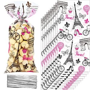 100 pieces paris cellophane treat bags, clear plastic pink eiffel tower candy goodie bags with 100 silver twist ties for day in paris party supplies