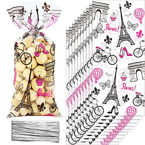 100 Pieces Paris Cellophane Treat Bags, Clear Plastic Pink Eiffel Tower Candy Goodie Bags with 100 Silver Twist Ties for Day in Paris Party Supplies