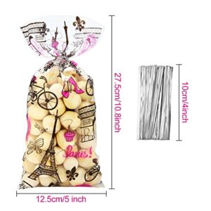 100 Pieces Paris Cellophane Treat Bags, Clear Plastic Pink Eiffel Tower Candy Goodie Bags with 100 Silver Twist Ties for Day in Paris Party Supplies