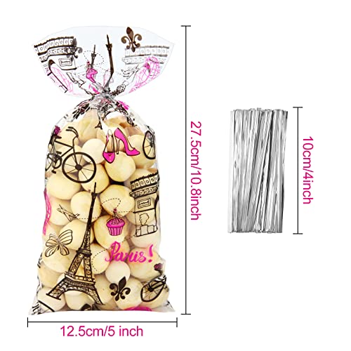 100 Pieces Paris Cellophane Treat Bags, Clear Plastic Pink Eiffel Tower Candy Goodie Bags with 100 Silver Twist Ties for Day in Paris Party Supplies