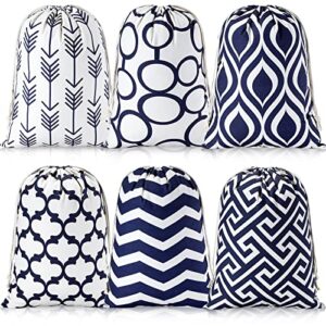 jexine 6 pcs 19 x 13 inches large drawstring gift bag geometric pattern canvas drawstring bag blue stripe fabric bag reusable sport string bag for birthday christmas holiday party supplies