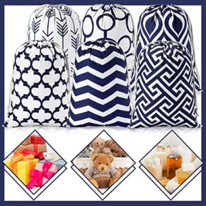 Jexine 6 Pcs 19 x 13 Inches Large Drawstring Gift Bag Geometric Pattern Canvas Drawstring Bag Blue Stripe Fabric Bag Reusable Sport String Bag for Birthday Christmas Holiday Party Supplies