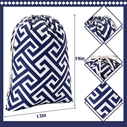 Jexine 6 Pcs 19 x 13 Inches Large Drawstring Gift Bag Geometric Pattern Canvas Drawstring Bag Blue Stripe Fabric Bag Reusable Sport String Bag for Birthday Christmas Holiday Party Supplies