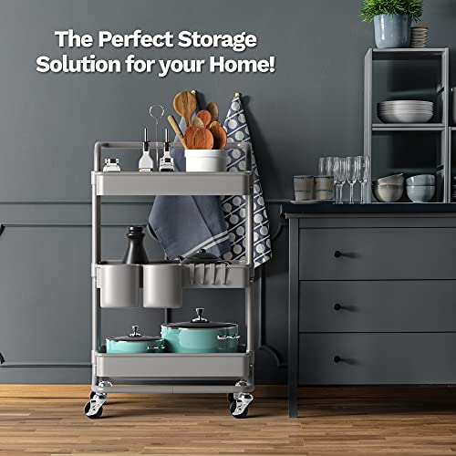 3 Tier Rolling Cart, with Table Top, Rolling Storage Cart with Handles and Locking Wheels, Utility Cart with 2 Small Baskets and 4 Hooks for Bathroom. Office, Balcony, Living Room (Grey)