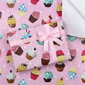 boerni pink birthday wrapping papers, 6 sheets cupcake muffin printed pattern wrap papers, 20 x 28 inch per sheet folded flat with 1 roll pink ribbon for baby shower wedding girls gift wrap