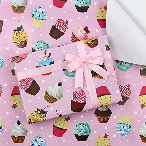 Boerni Pink Birthday Wrapping Papers, 6 Sheets Cupcake Muffin Printed Pattern Wrap Papers, 20 x 28 inch Per Sheet Folded Flat with 1 Roll Pink Ribbon for Baby Shower Wedding Girls Gift Wrap