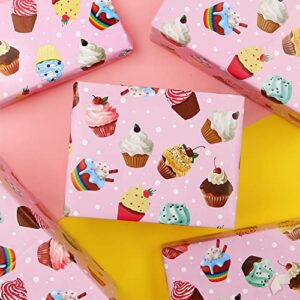 Boerni Pink Birthday Wrapping Papers, 6 Sheets Cupcake Muffin Printed Pattern Wrap Papers, 20 x 28 inch Per Sheet Folded Flat with 1 Roll Pink Ribbon for Baby Shower Wedding Girls Gift Wrap
