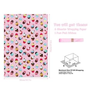 Boerni Pink Birthday Wrapping Papers, 6 Sheets Cupcake Muffin Printed Pattern Wrap Papers, 20 x 28 inch Per Sheet Folded Flat with 1 Roll Pink Ribbon for Baby Shower Wedding Girls Gift Wrap