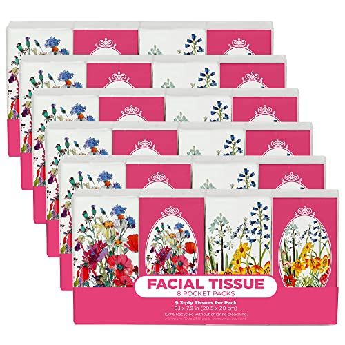 Funwares Pocket Sized White Car Travel School Work Facial Tissue, 24 Packs, 216 Total 3-Ply Tissue Sheets (9 - 3-Ply Tissue Sheets Per Pack), Elegant Floral Print Designed Package