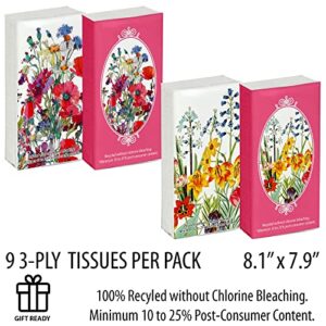 Funwares Pocket Sized White Car Travel School Work Facial Tissue, 24 Packs, 216 Total 3-Ply Tissue Sheets (9 - 3-Ply Tissue Sheets Per Pack), Elegant Floral Print Designed Package