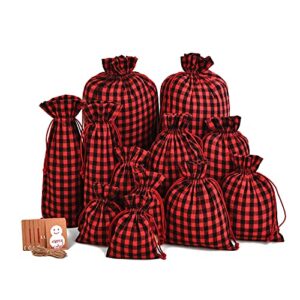 xcfwin 12 pack of christmas gift bags with drawstring reusable designs for christmas party supplies favors (red and black, mixed size)