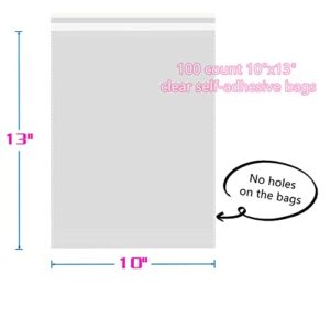 PigPotParty 100PCS 10"x13" Clear Plastic Cellophane Shirts Bags with Clothing Size Stickers, Resealable Self Seal Adhesive Bags for Jeans, Hoodies, Sweater, T-Shirt, Dress, Gift Packaging on Retail