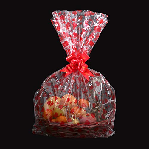 20 Pack Clear Basket Bags Pull Bow Set 10 Pack Packaging Bags Cello Cellophane Wrap and 10 Pack Ribbon Bows … (Red 30 * 44inches)