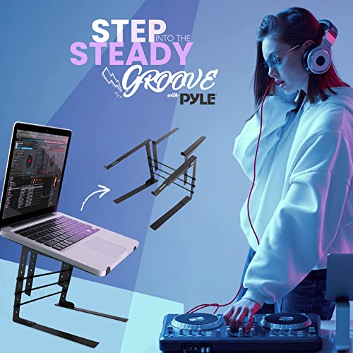 Pyle Portable Dual Laptop Stand - Standing Table with Adjustable Height, Ergonomic Design & Anti-Slip Prongs for DJ Mixer, Sound Equipment, Workstation, Gaming & Home Use - PLPTS38, Black