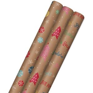hallmark colorful recyclable christmas wrapping paper with cut lines on reverse (3 rolls: 90 sq. ft. ttl) kraft brown with snowflakes, pink trees, “all kinds of merry”