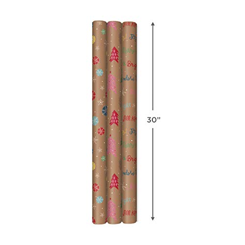 Hallmark Colorful Recyclable Christmas Wrapping Paper with Cut Lines on Reverse (3 Rolls: 90 sq. ft. ttl) Kraft Brown with Snowflakes, Pink Trees, "All Kinds of Merry"